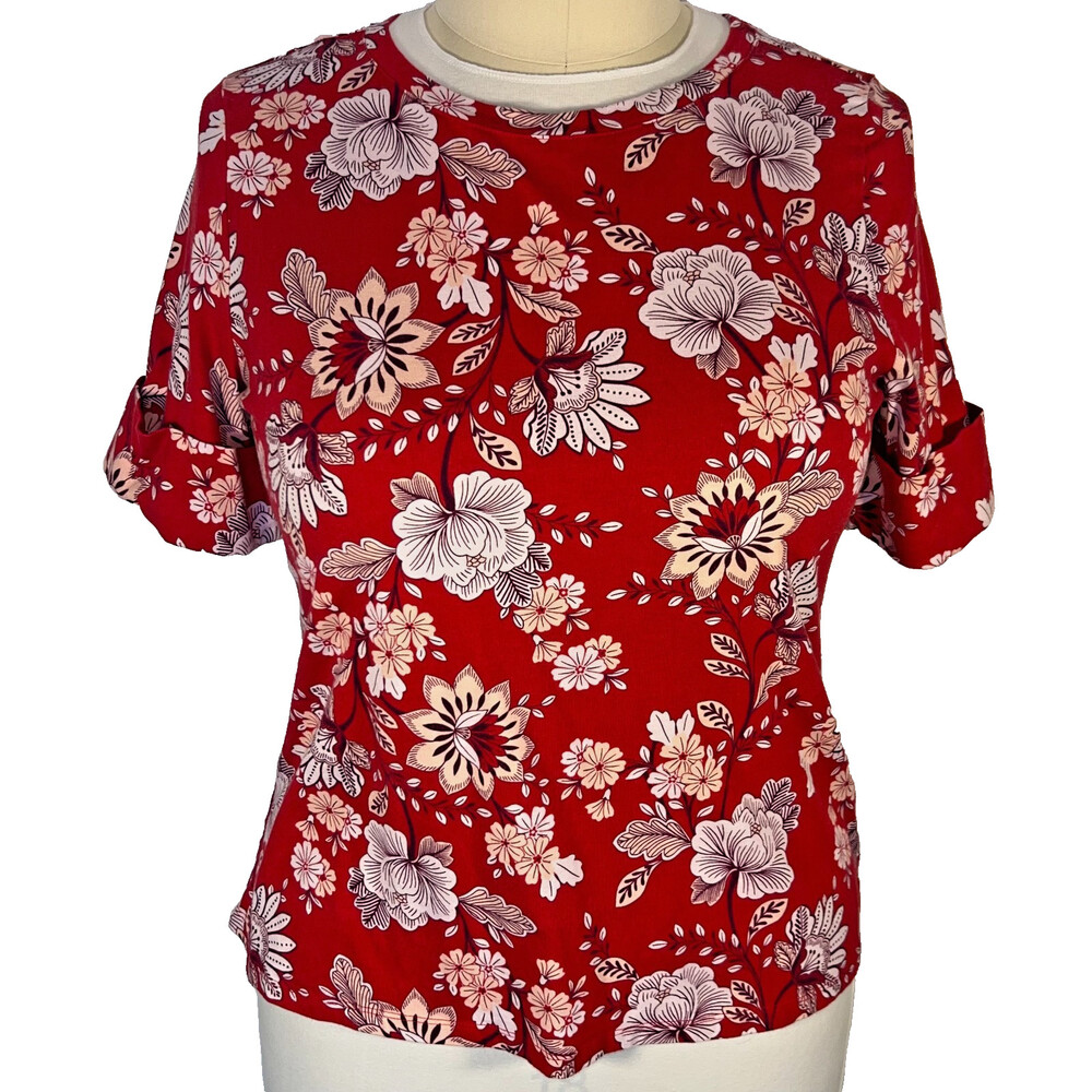 Liz Claiborne Tee Shirt Womens XL Asian Floral Knit Top Round Neck Short Sleeve